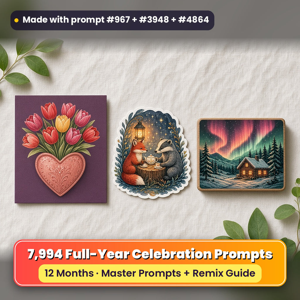 Full-Year Celebrations prompt library: 7,994 master prompts + Remix Guide, with a greeting card, die-cut sticker and wooden plaque flat-lay made with prompts #967, #3948 and #4864