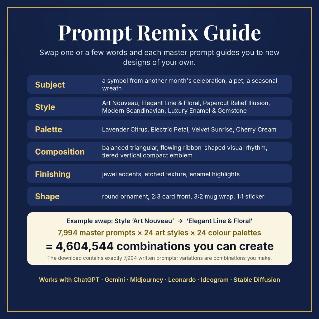 Prompt Remix Guide: swap subject, style, palette, composition, finishing and shape; 7,994 master prompts × 24 styles × 24 palettes = 4,604,544 combinations you can create