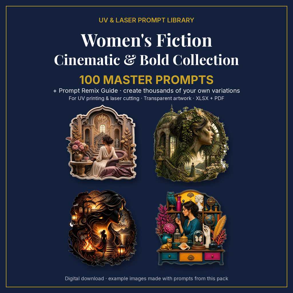 Cover: Women's Fiction Cinematic & Bold Collection, 100 master prompts + Prompt Remix Guide