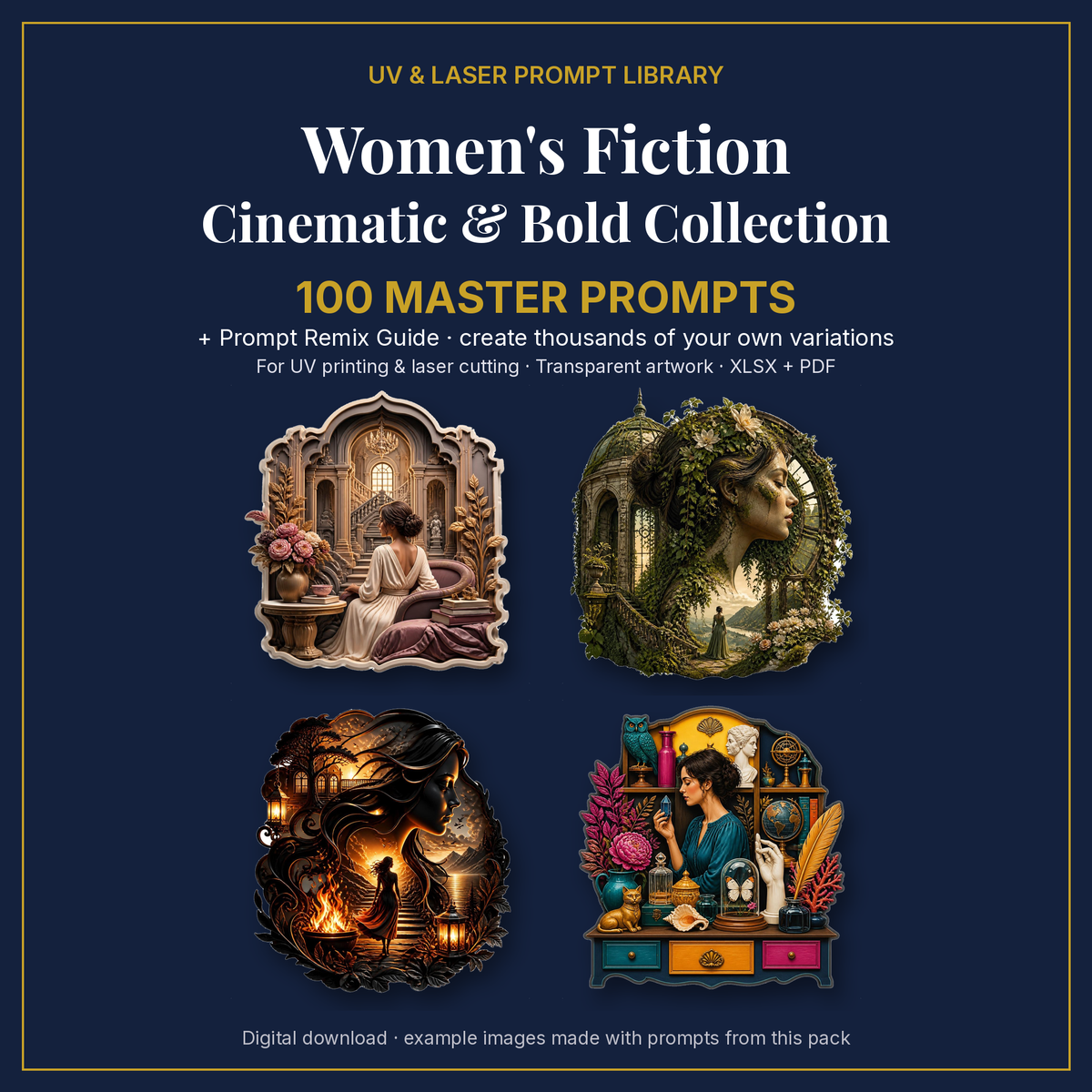 Cover: Women's Fiction Cinematic & Bold Collection, 100 master prompts + Prompt Remix Guide
