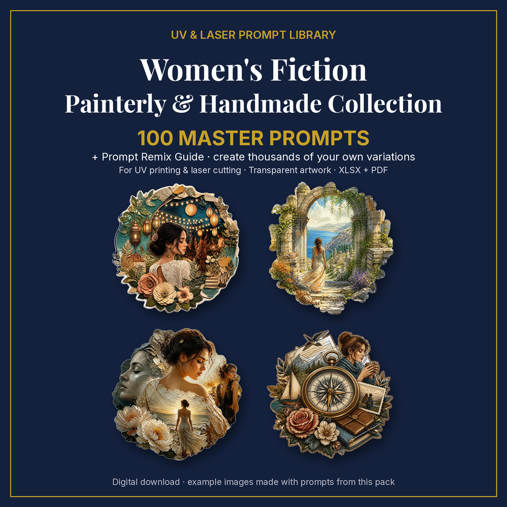 Cover: Women's Fiction Painterly & Handmade Collection, 100 master prompts + Prompt Remix Guide