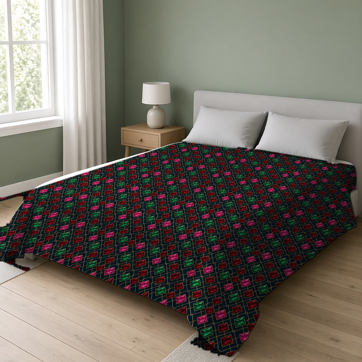 Jewel Argyle Cotton Duvet Cover on a double bed in a bright sage-green bedroom