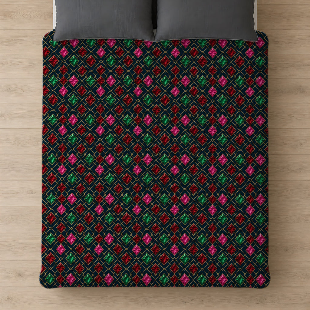 Jewel Argyle Cotton Duvet Cover on a bed, seen from above