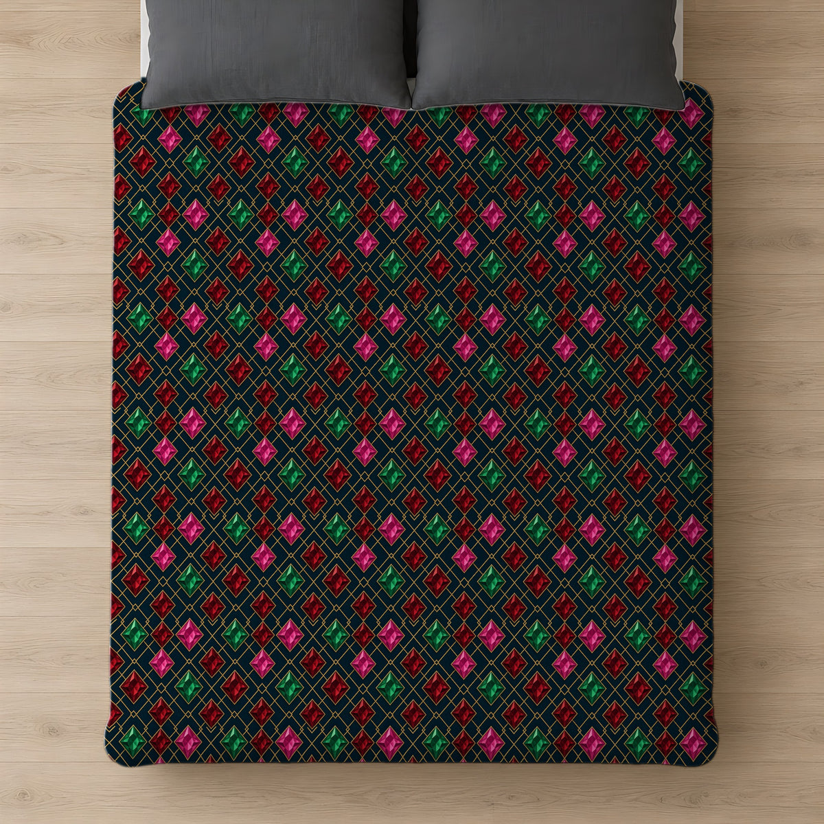 Jewel Argyle Cotton Duvet Cover on a bed, seen from above