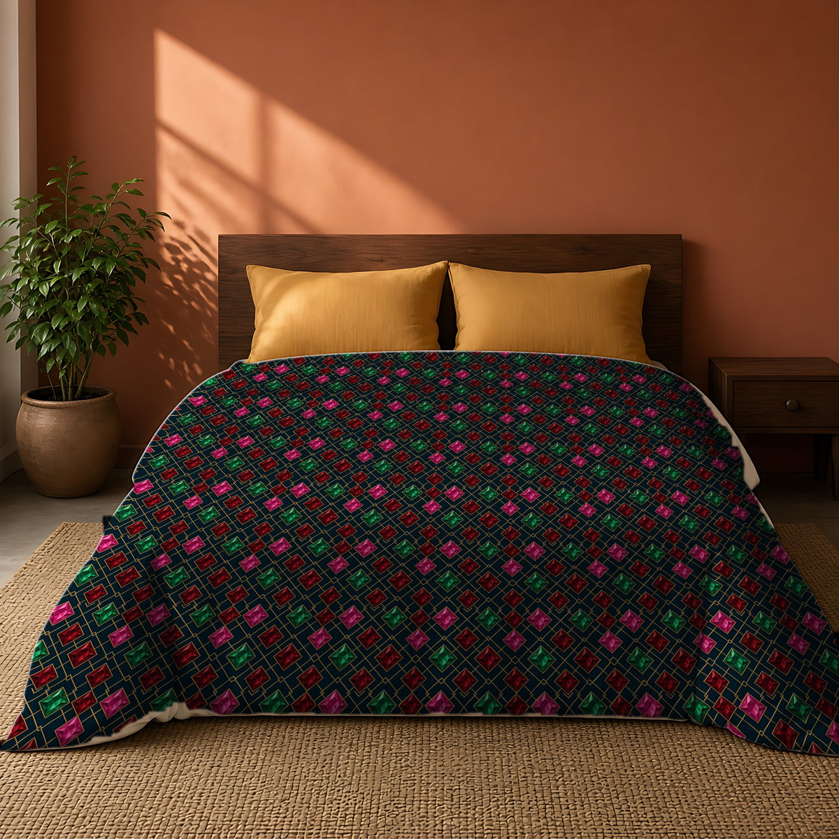 Jewel Argyle Cotton Duvet Cover on a king bed against a warm terracotta wall