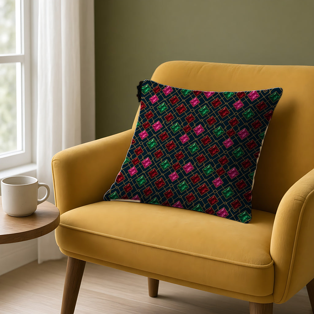 Jewel Argyle Faux Suede Cushion on a mustard armchair by a window