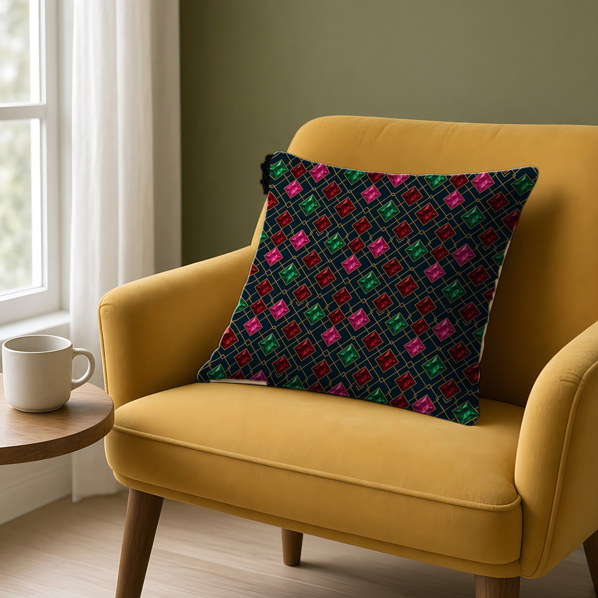 Jewel Argyle Faux Suede Cushion on a mustard armchair by a window