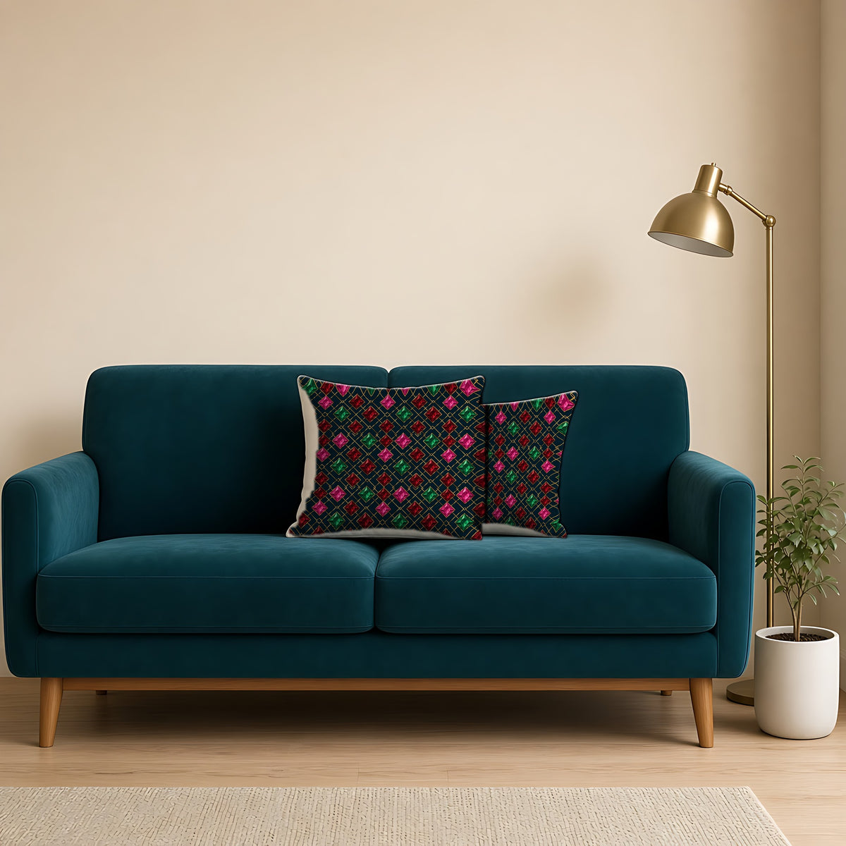 Jewel Argyle Faux Suede Cushion on a teal velvet sofa