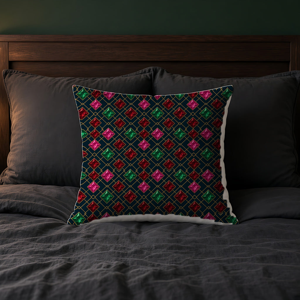 Jewel Argyle Faux Suede Cushion on a bed with charcoal bedding