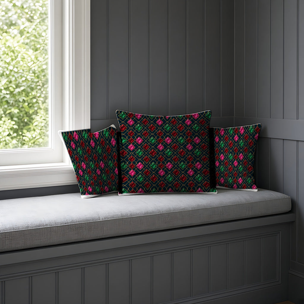 Jewel Argyle Faux Suede Cushion on a window seat