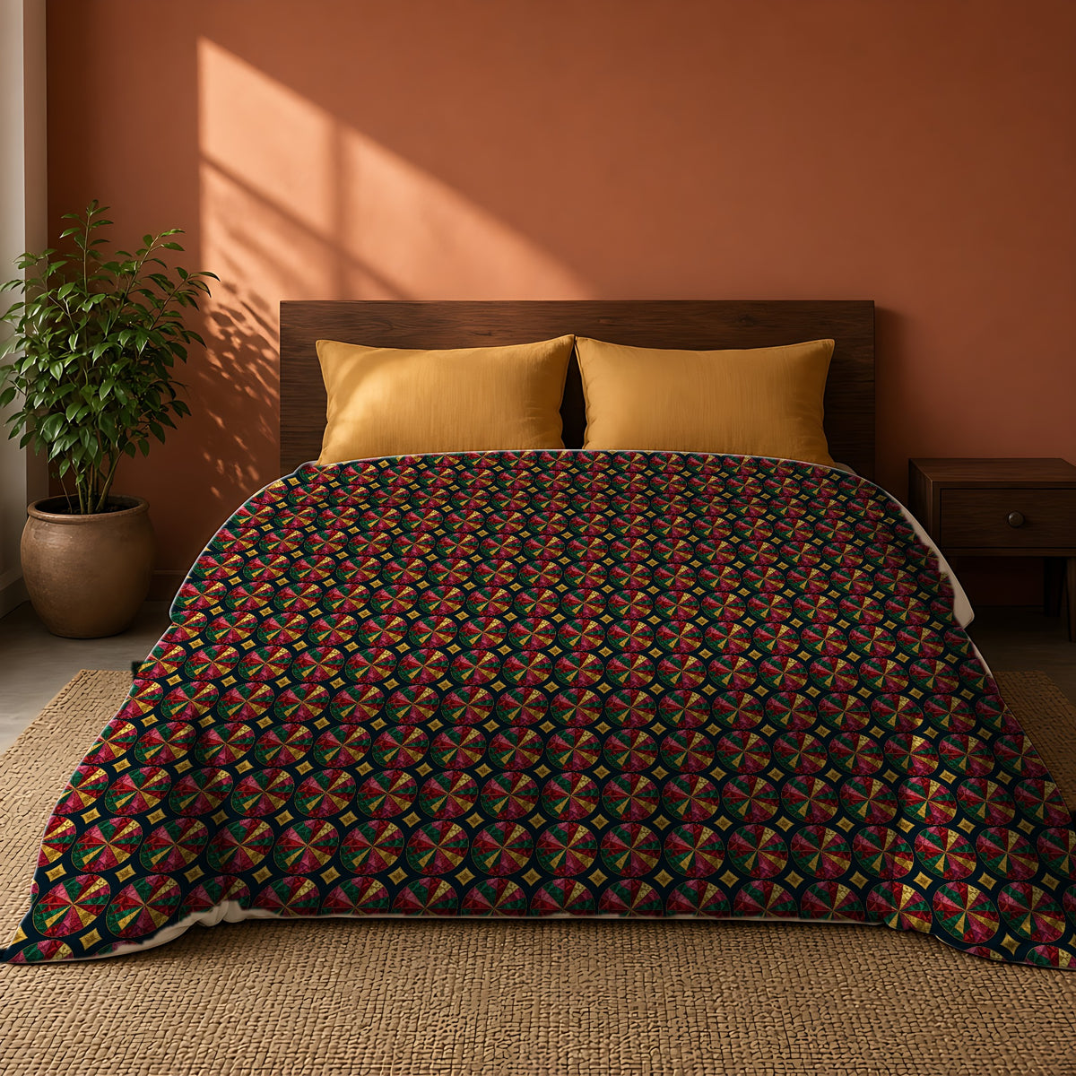Kaleido Jewel Wheels Comforter on a king bed against a warm terracotta wall