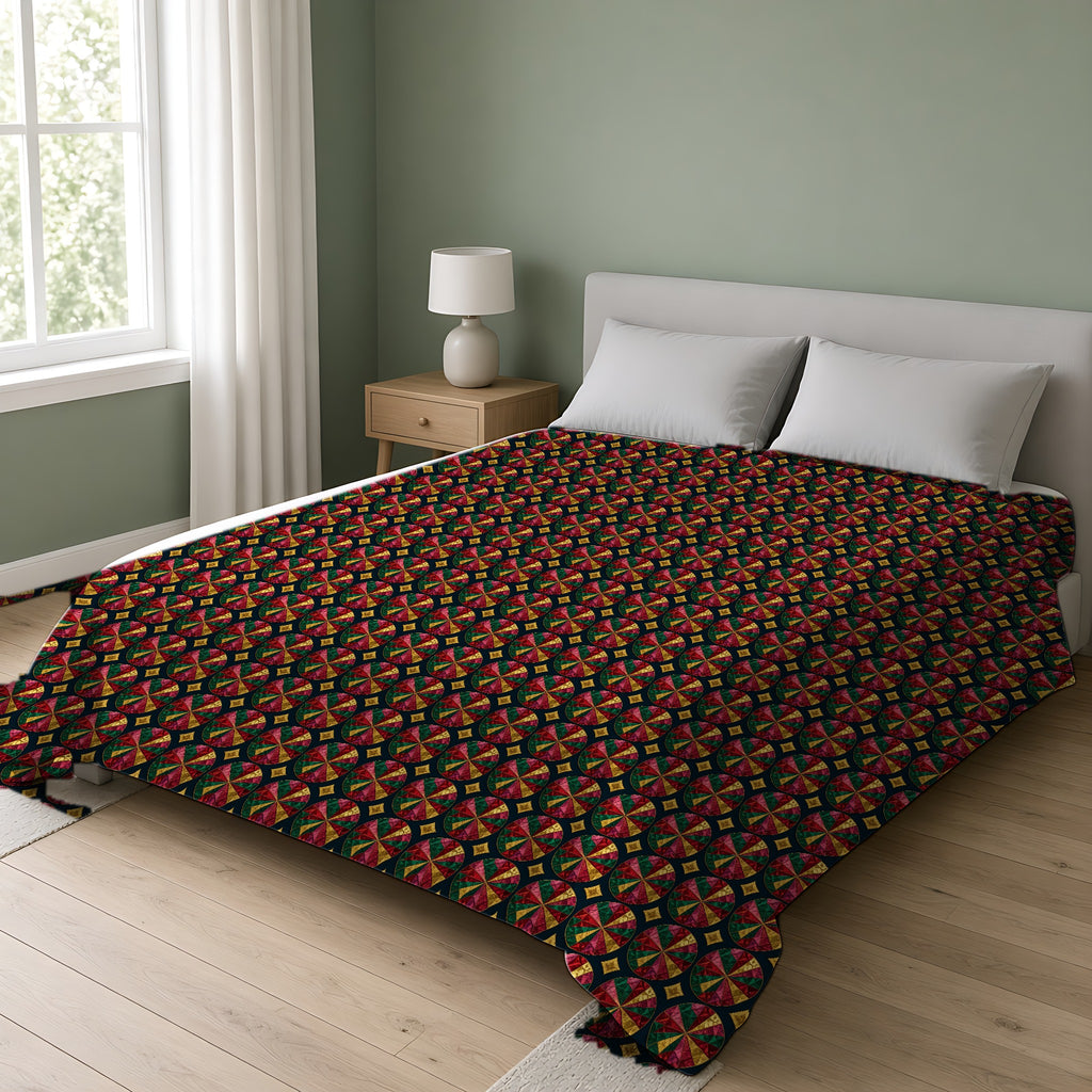 Kaleido Jewel Wheels Cotton Duvet Cover on a double bed in a bright sage-green bedroom