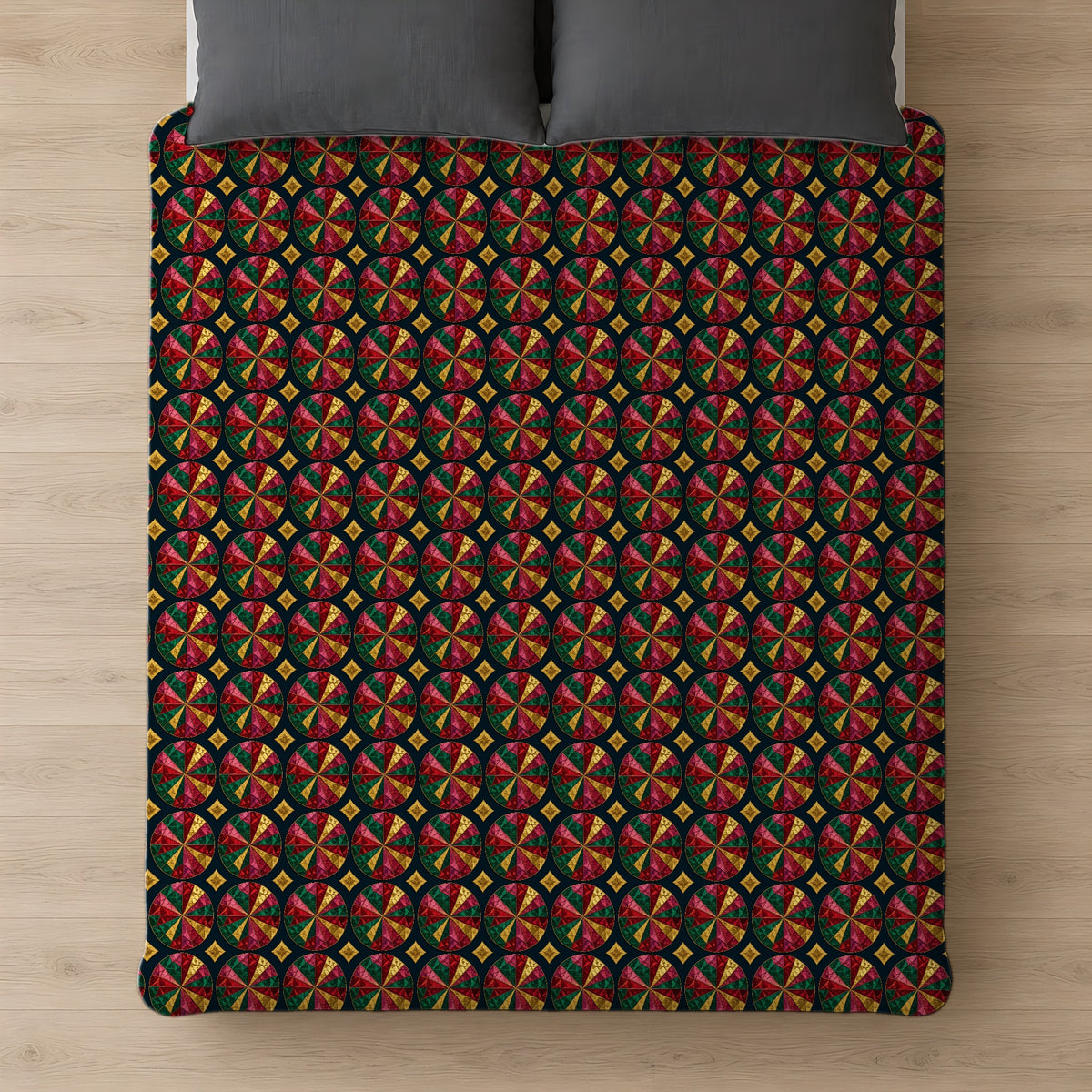 Kaleido Jewel Wheels Cotton Duvet Cover on a bed, seen from above