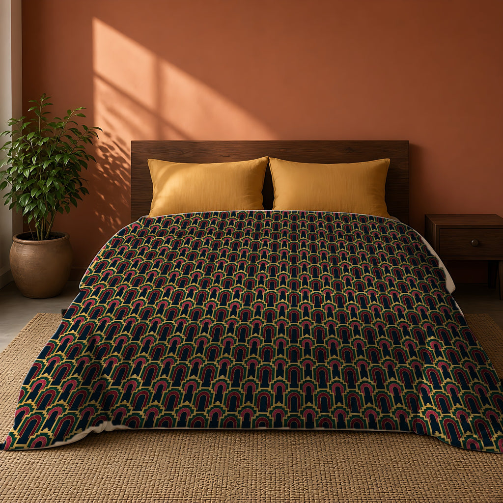 Stepped Gold Arches Comforter on a king bed against a warm terracotta wall