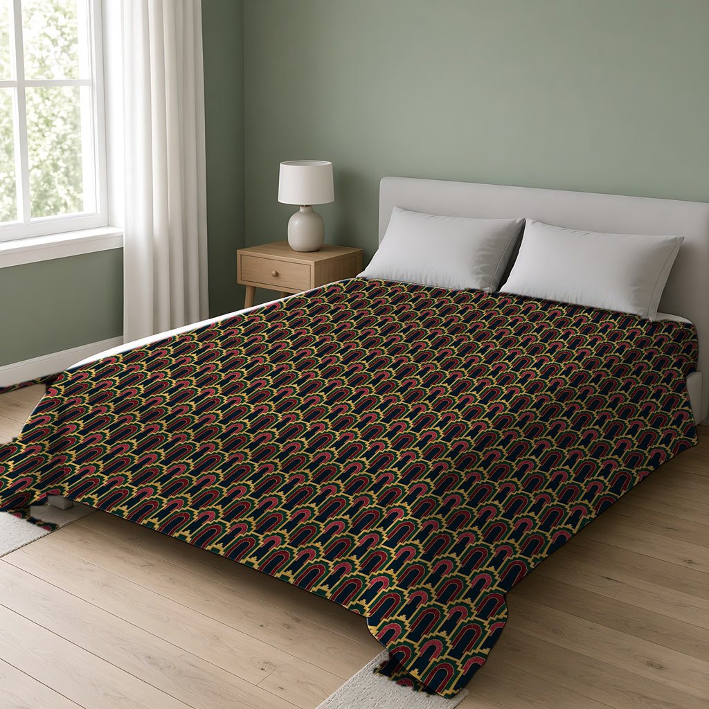 Stepped Gold Arches Comforter on a double bed in a bright sage-green bedroom