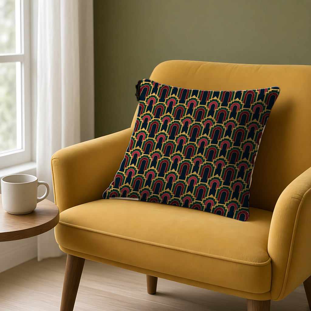 Stepped Gold Arches Faux Suede Cushion on a mustard armchair by a window