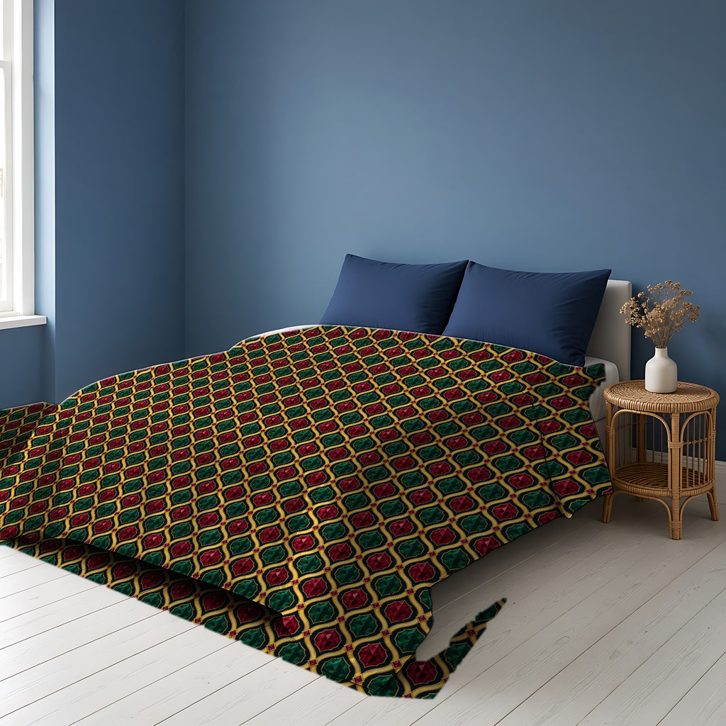 Radiant Gold Lattice Cotton Duvet Cover on a bed in a Scandinavian blue bedroom