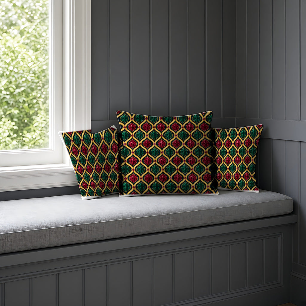Radiant Gold Lattice Faux Suede Cushion on a window seat