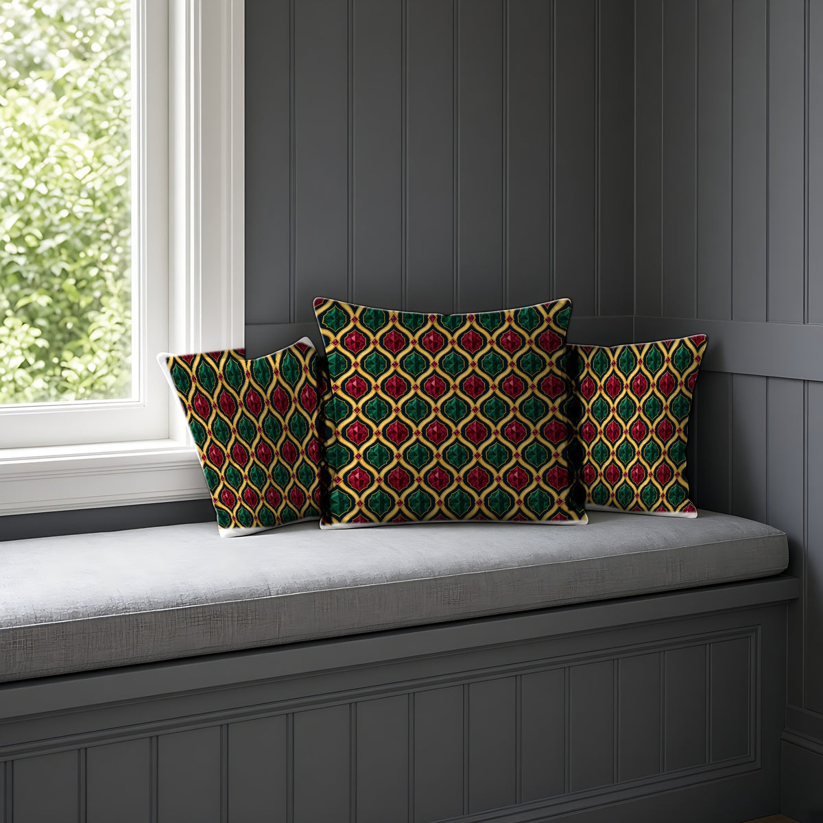 Radiant Gold Lattice Faux Suede Cushion on a window seat