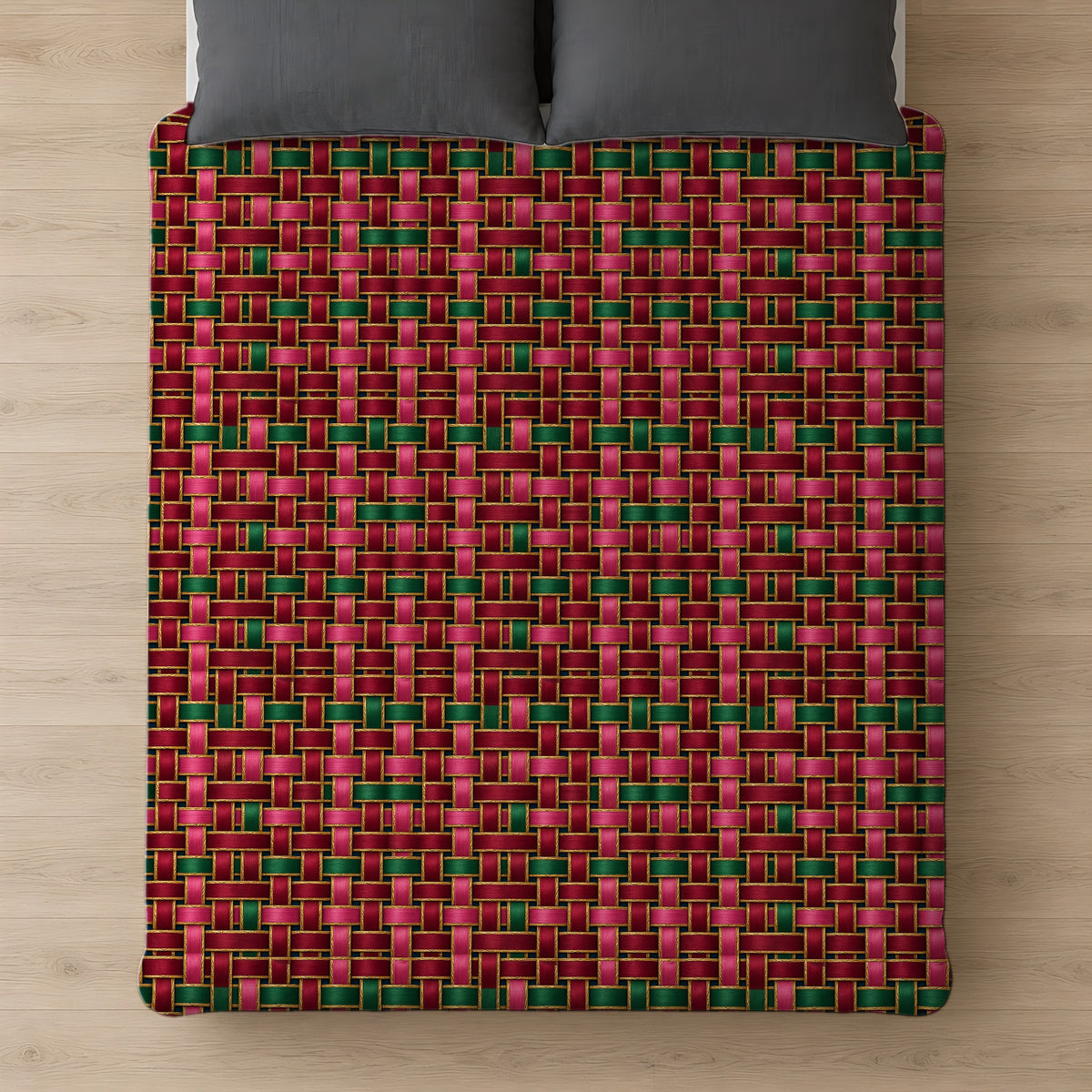 Ribbon Weave Comforter on a bed, seen from above