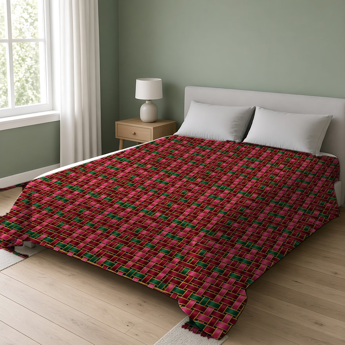 Ribbon Weave Cotton Duvet Cover on a double bed in a bright sage-green bedroom