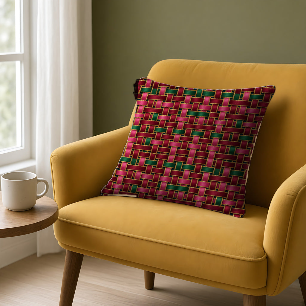 Ribbon Weave Faux Suede Cushion on a mustard armchair by a window