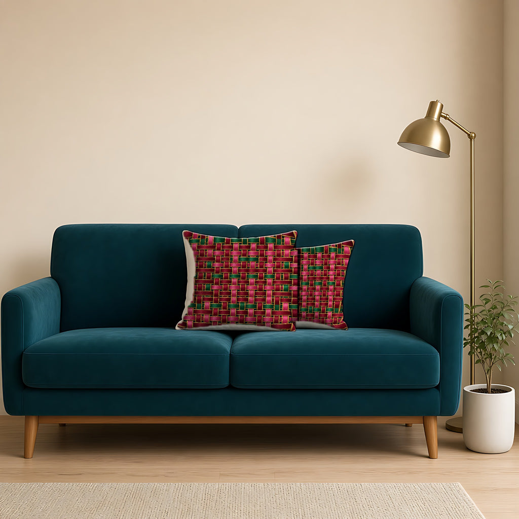 Ribbon Weave Faux Suede Cushion on a teal velvet sofa