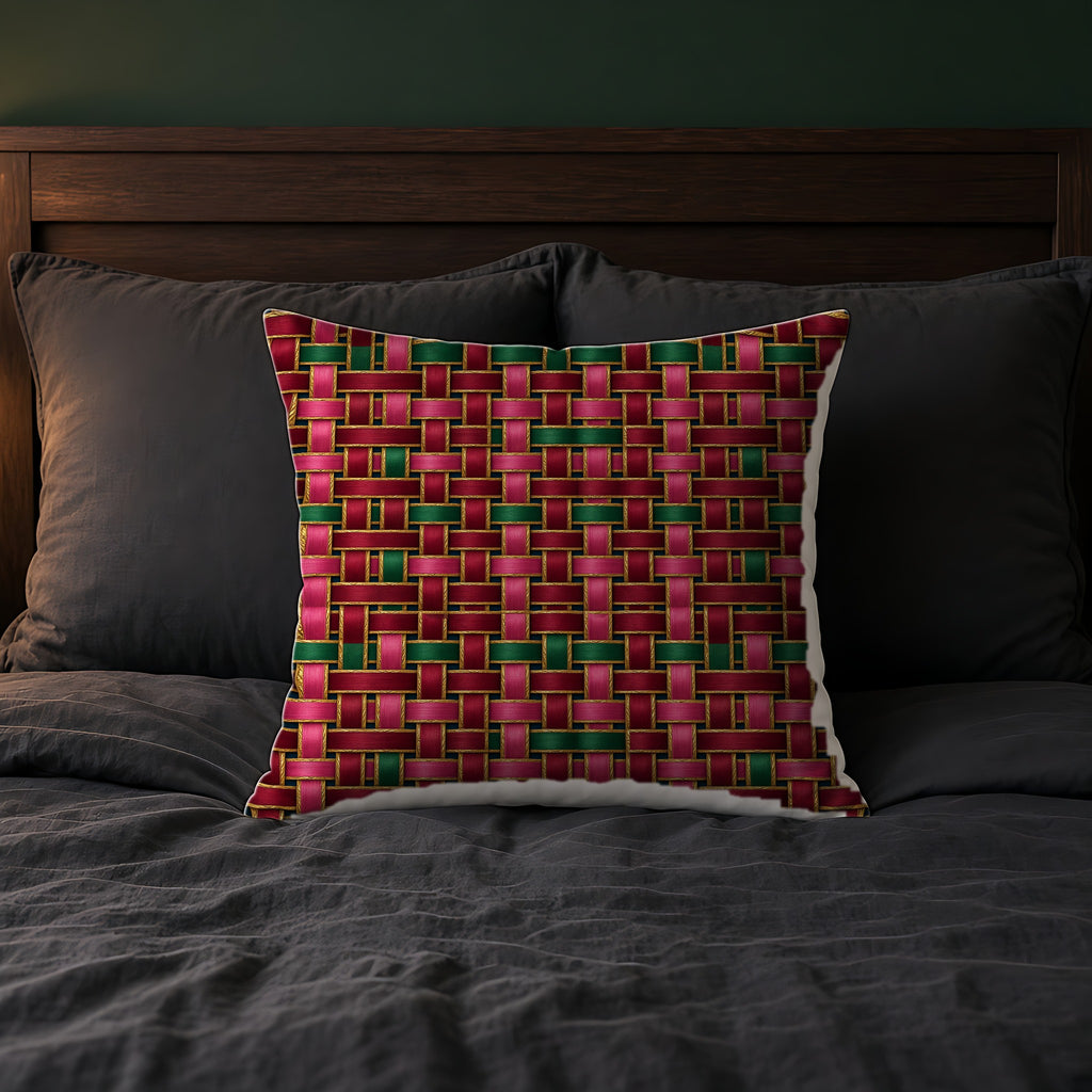 Ribbon Weave Faux Suede Cushion on a bed with charcoal bedding