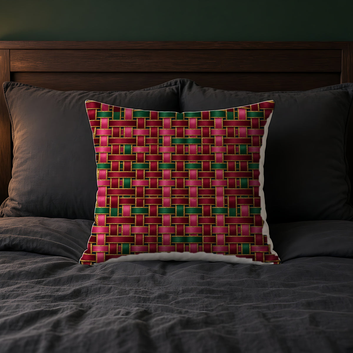 Ribbon Weave Faux Suede Cushion on a bed with charcoal bedding