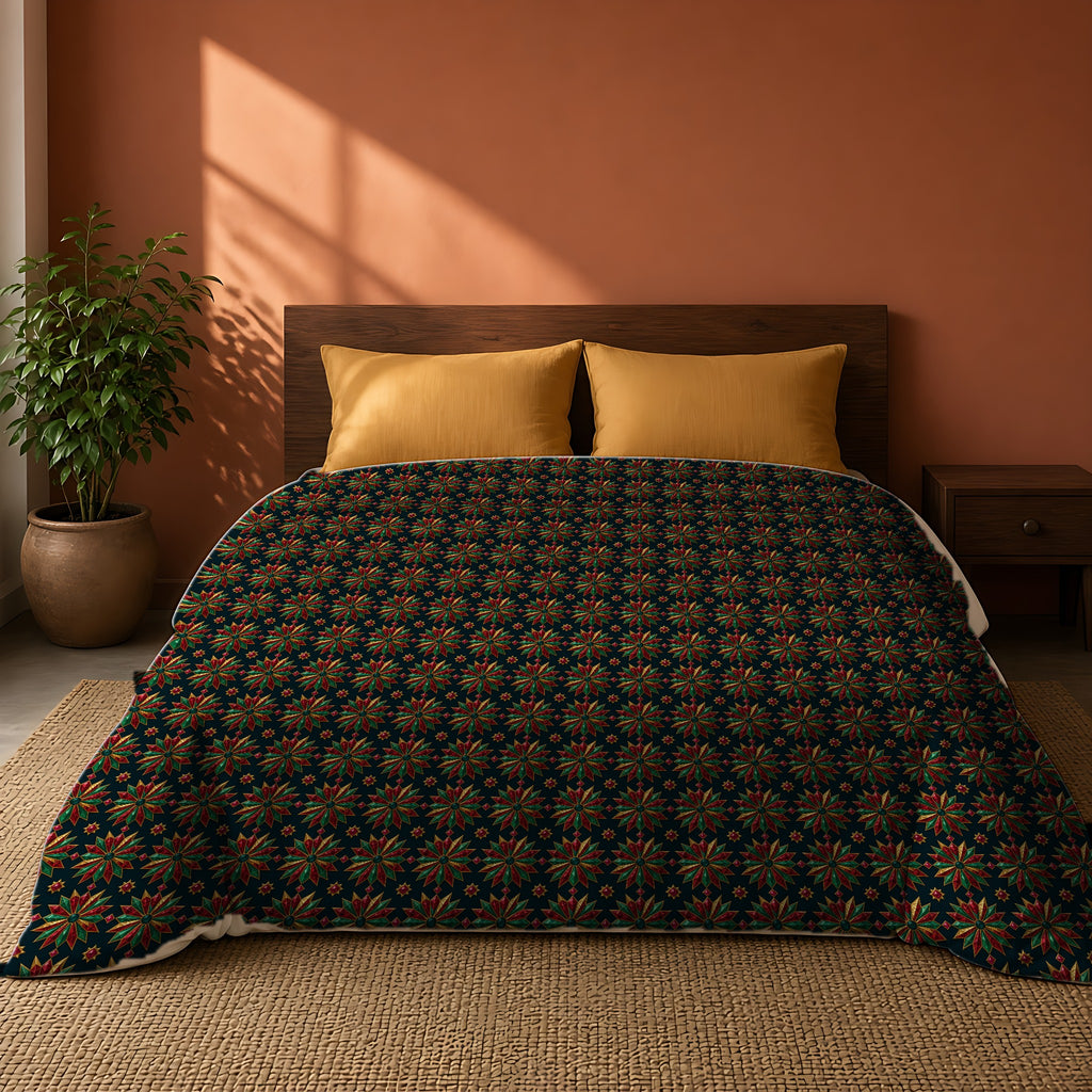 Starburst Medallions Comforter on a king bed against a warm terracotta wall
