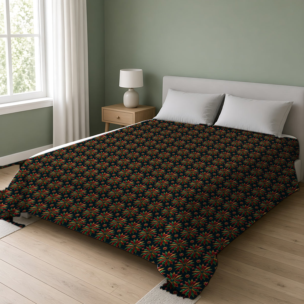 Starburst Medallions Cotton Duvet Cover on a double bed in a bright sage-green bedroom