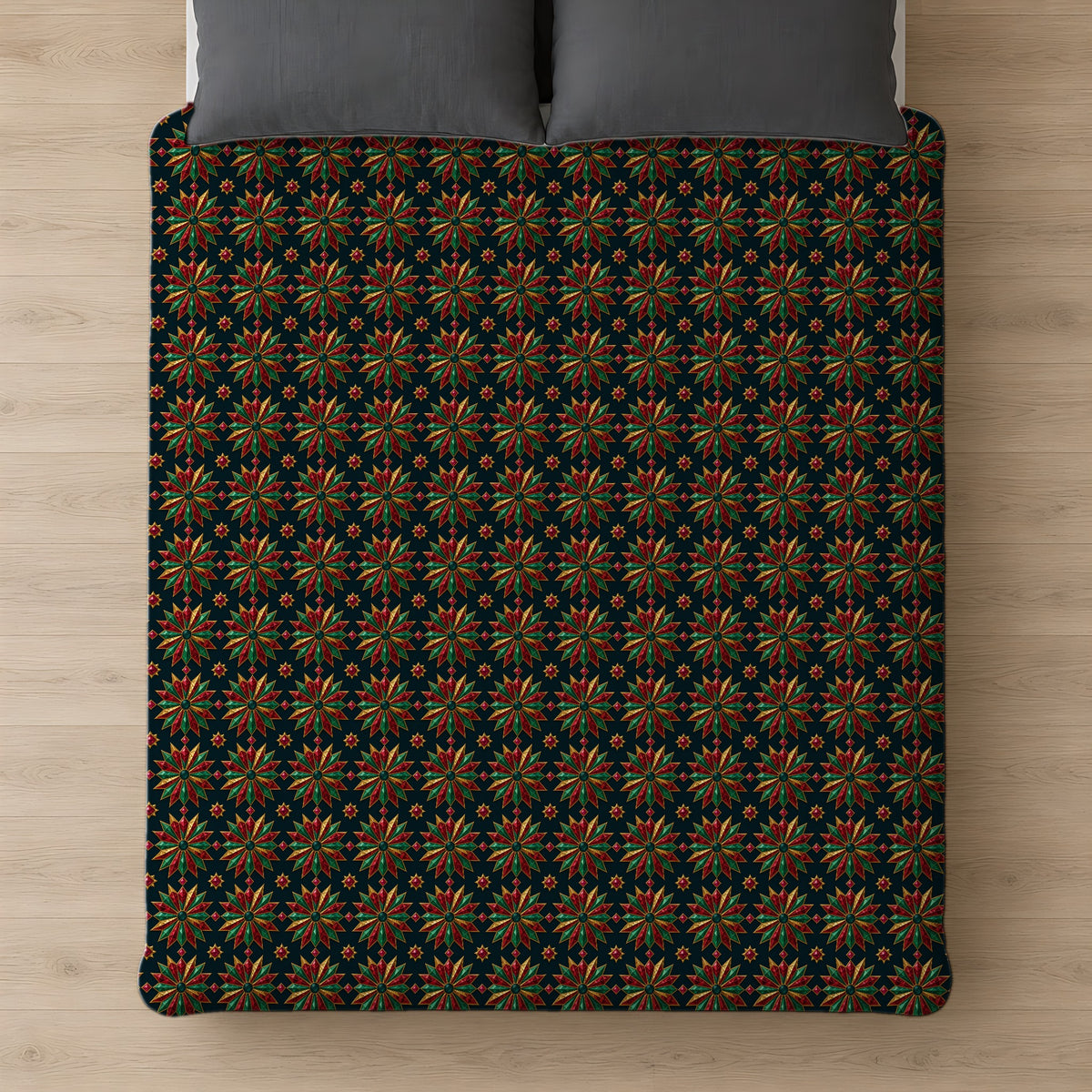 Starburst Medallions Cotton Duvet Cover on a bed, seen from above