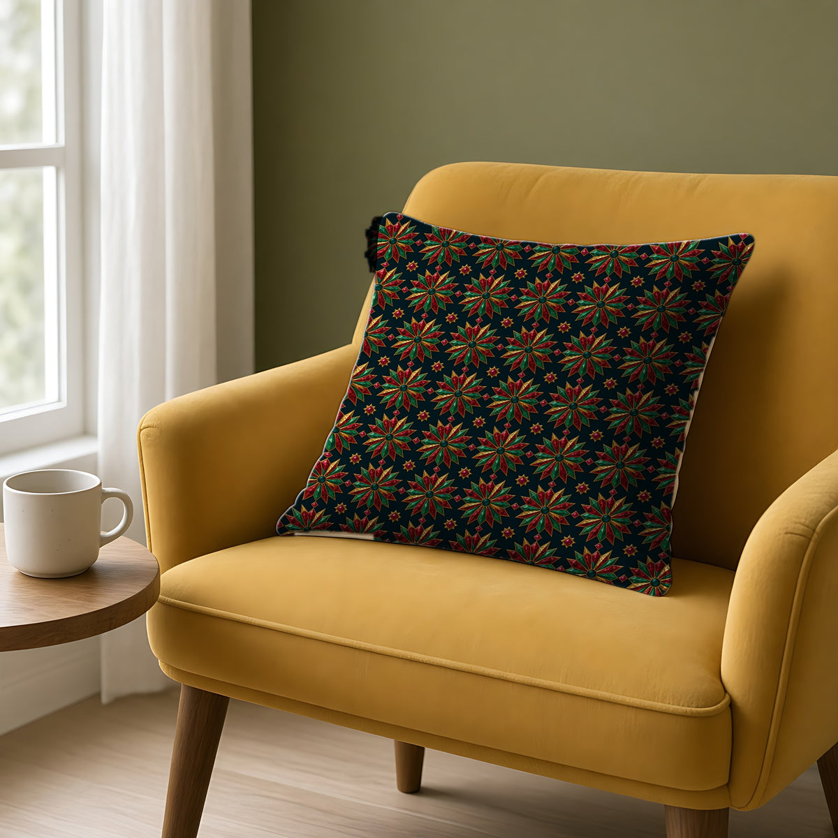 Starburst Medallions Faux Suede Cushion on a mustard armchair by a window
