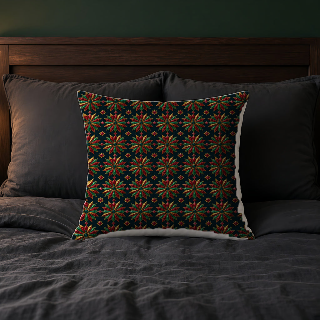 Starburst Medallions Faux Suede Cushion on a bed with charcoal bedding