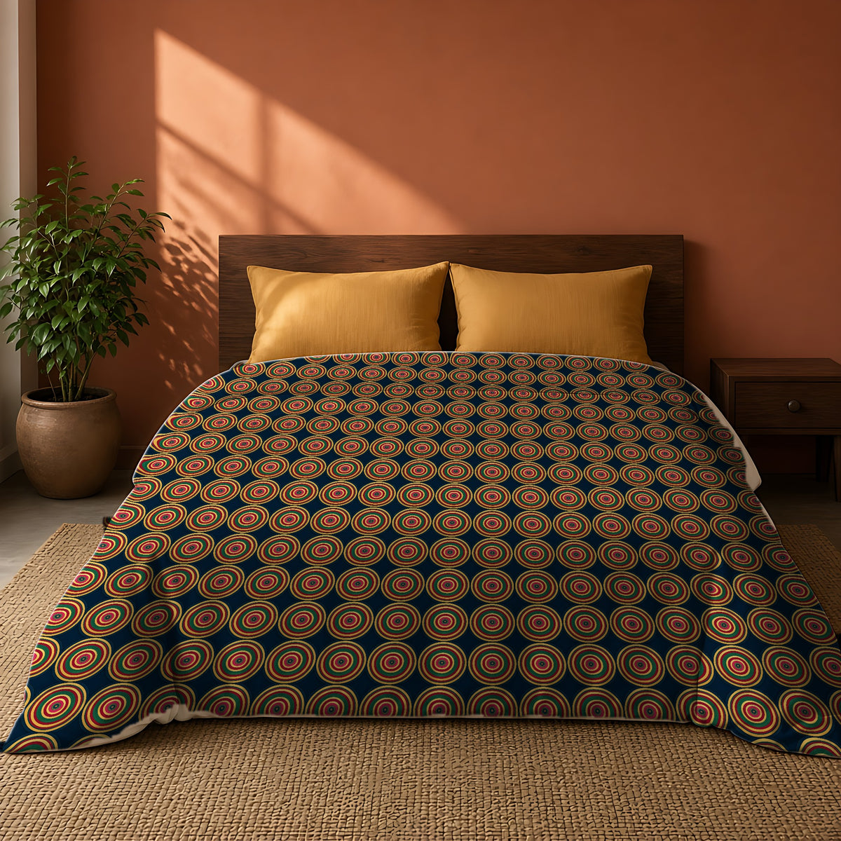 Op-Art Jewel Rings Comforter on a king bed against a warm terracotta wall