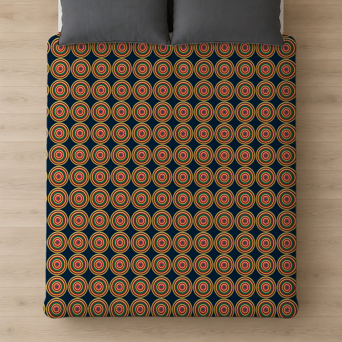 Op-Art Jewel Rings Cotton Duvet Cover on a bed, seen from above