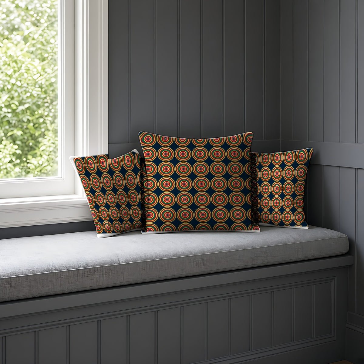 Op-Art Jewel Rings Faux Suede Cushion on a window seat