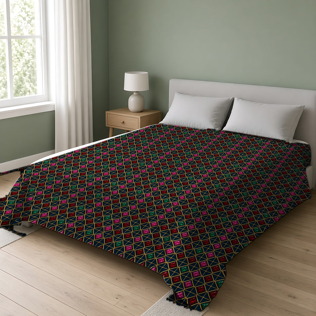 Gold Diamond Trellis Comforter on a double bed in a bright sage-green bedroom