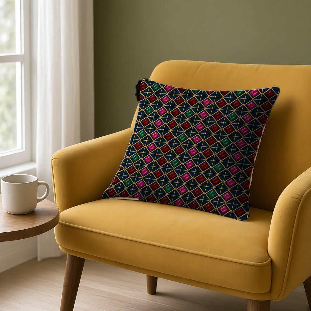 Gold Diamond Trellis Faux Suede Cushion on a mustard armchair by a window