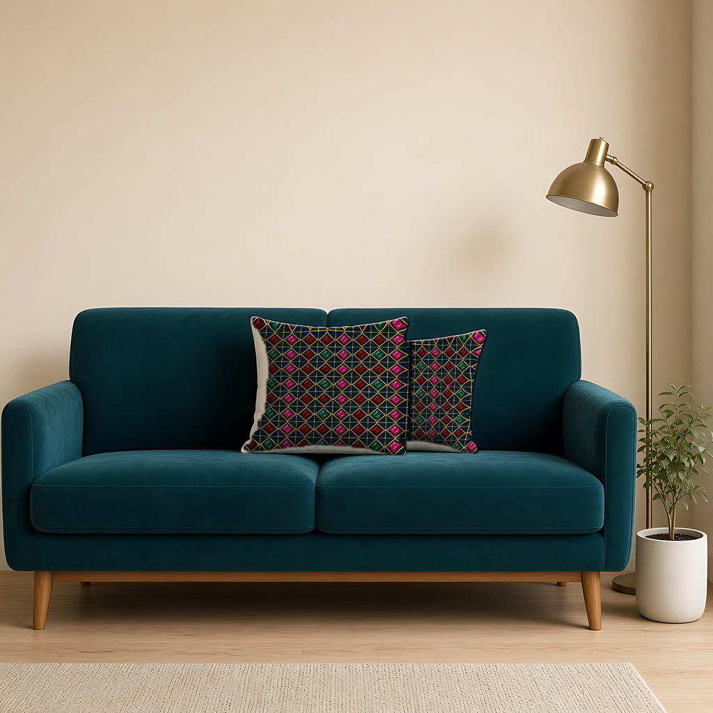 Gold Diamond Trellis Faux Suede Cushion on a teal velvet sofa