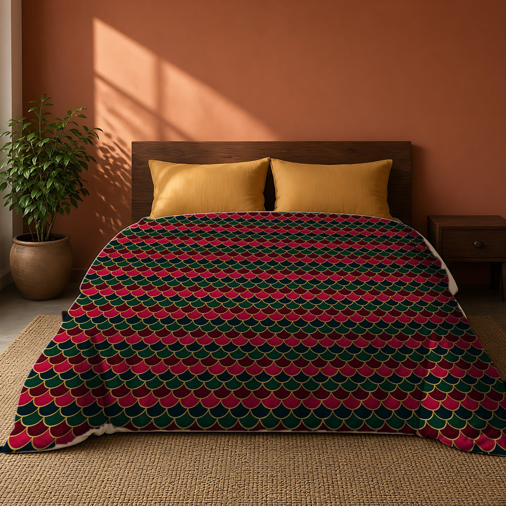 Jewel Scales Comforter on a king bed against a warm terracotta wall