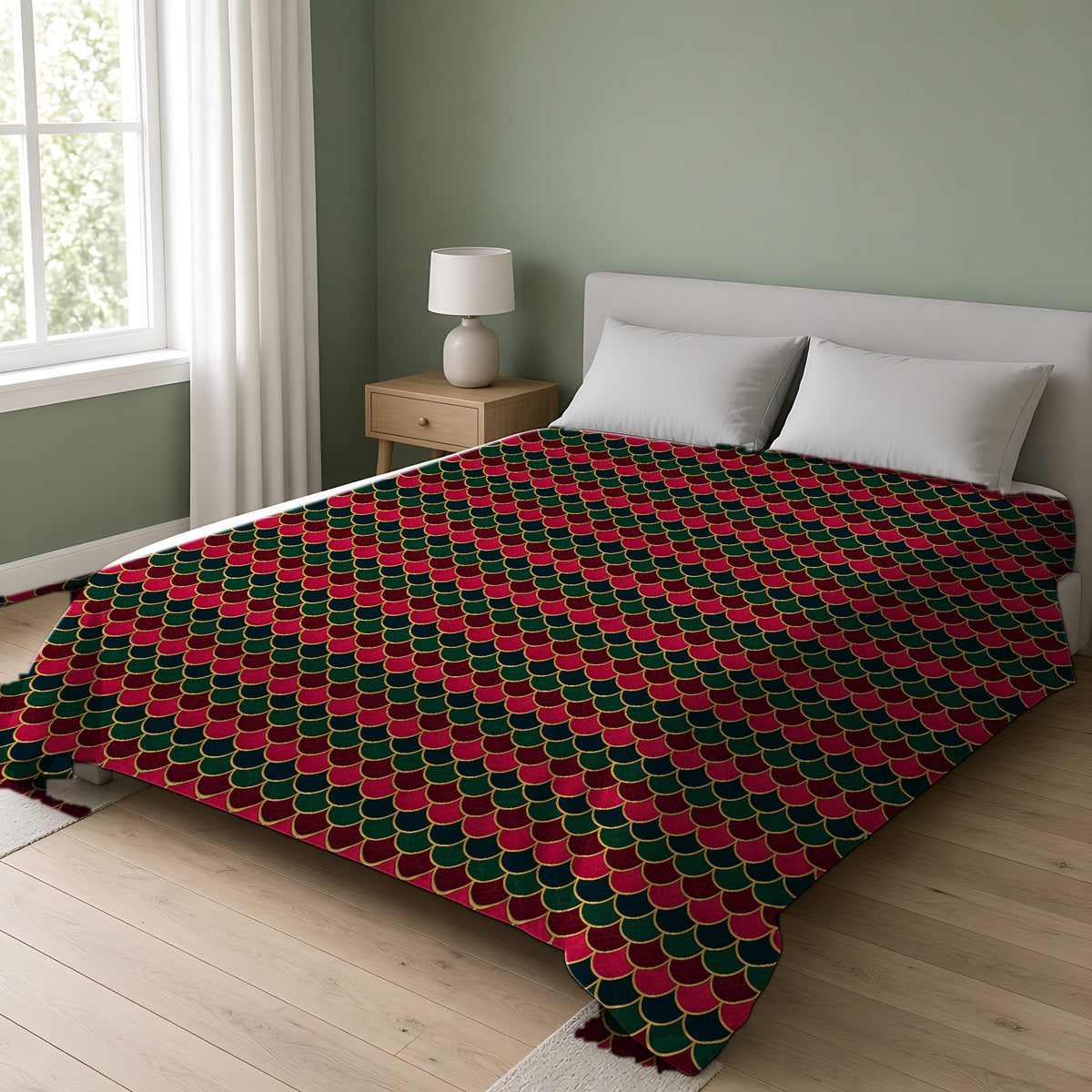 Jewel Scales Comforter on a double bed in a bright sage-green bedroom