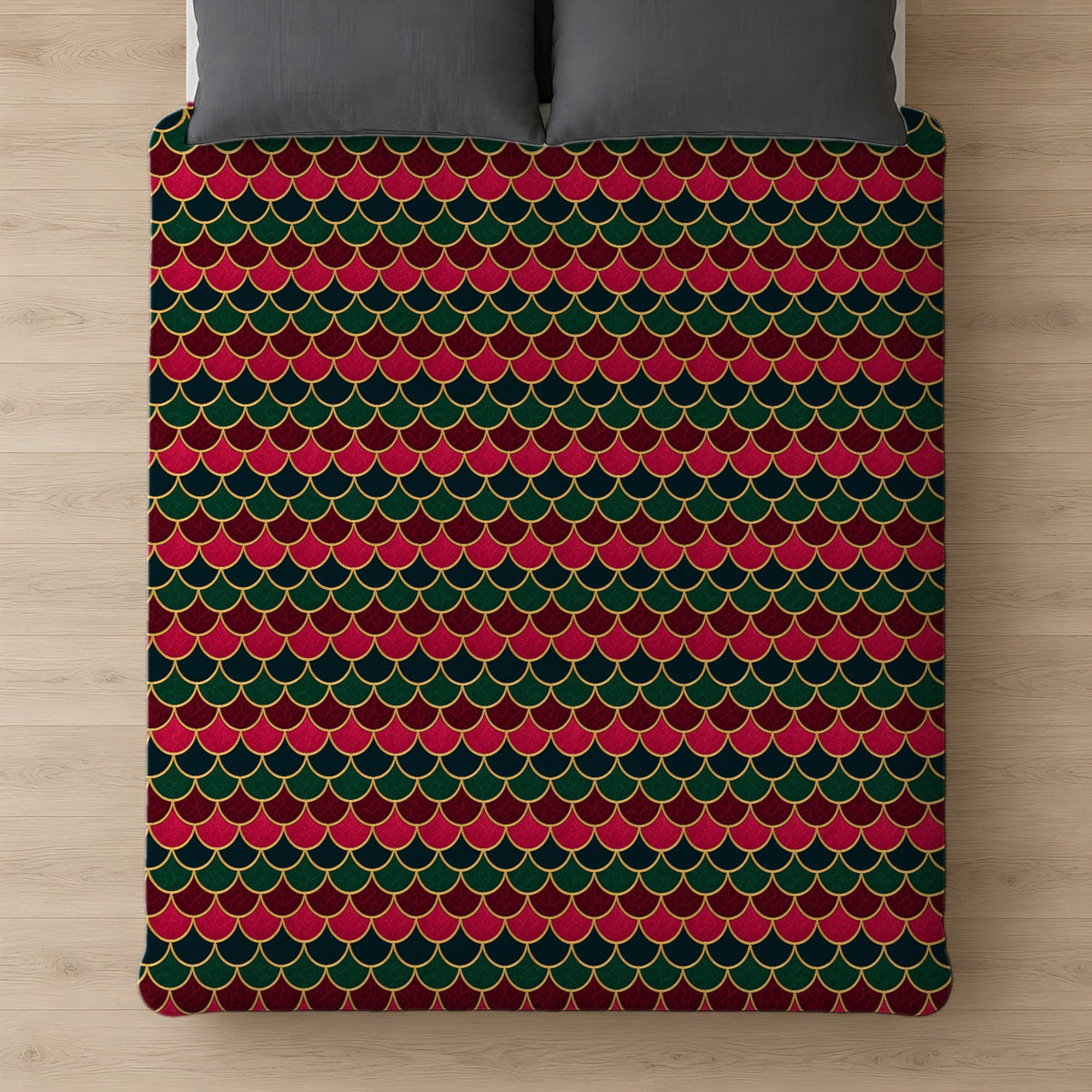 Jewel Scales Cotton Duvet Cover on a bed, seen from above