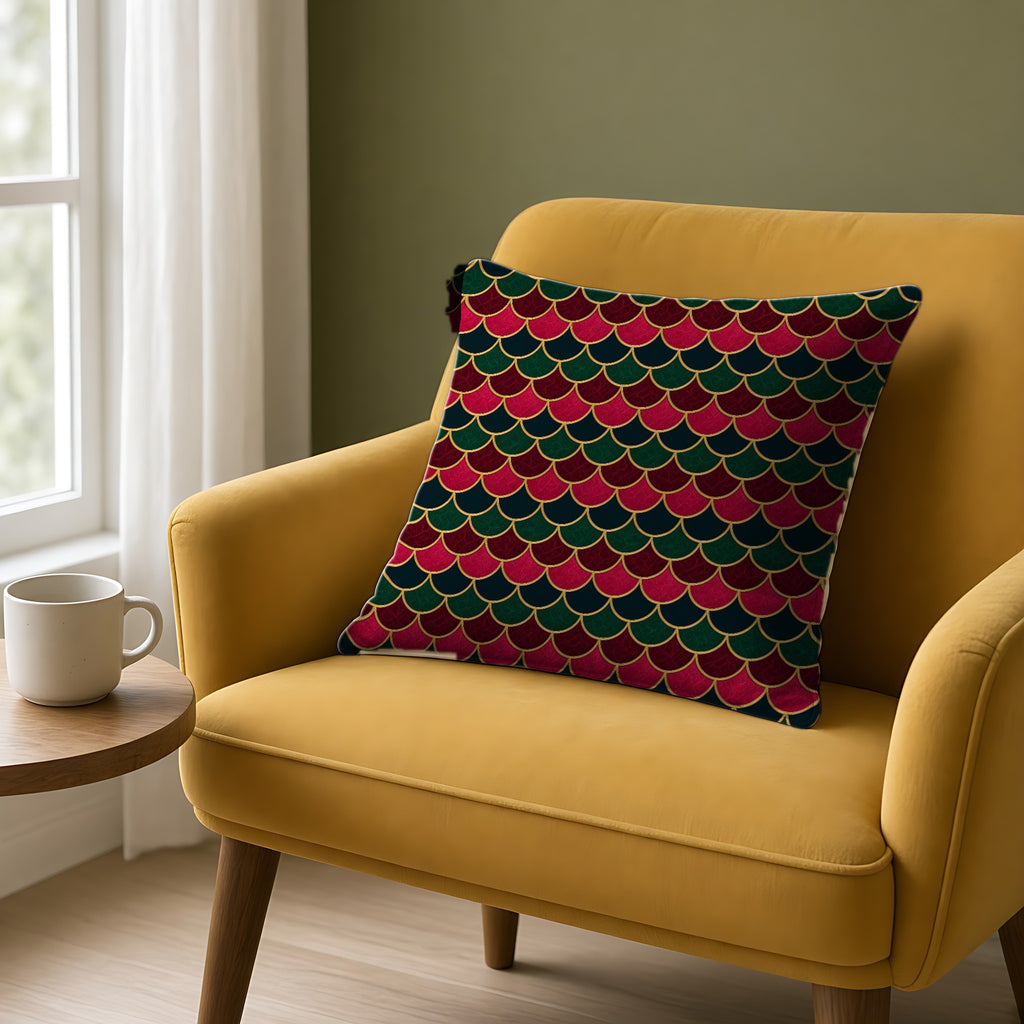 Jewel Scales Faux Suede Cushion on a mustard armchair by a window