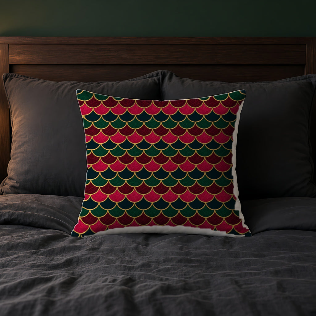Jewel Scales Faux Suede Cushion on a bed with charcoal bedding