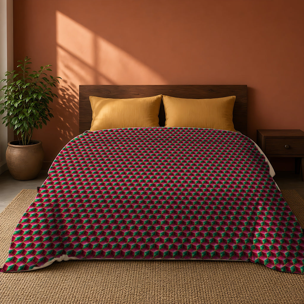 Faceted Cube Illusion Comforter on a king bed against a warm terracotta wall