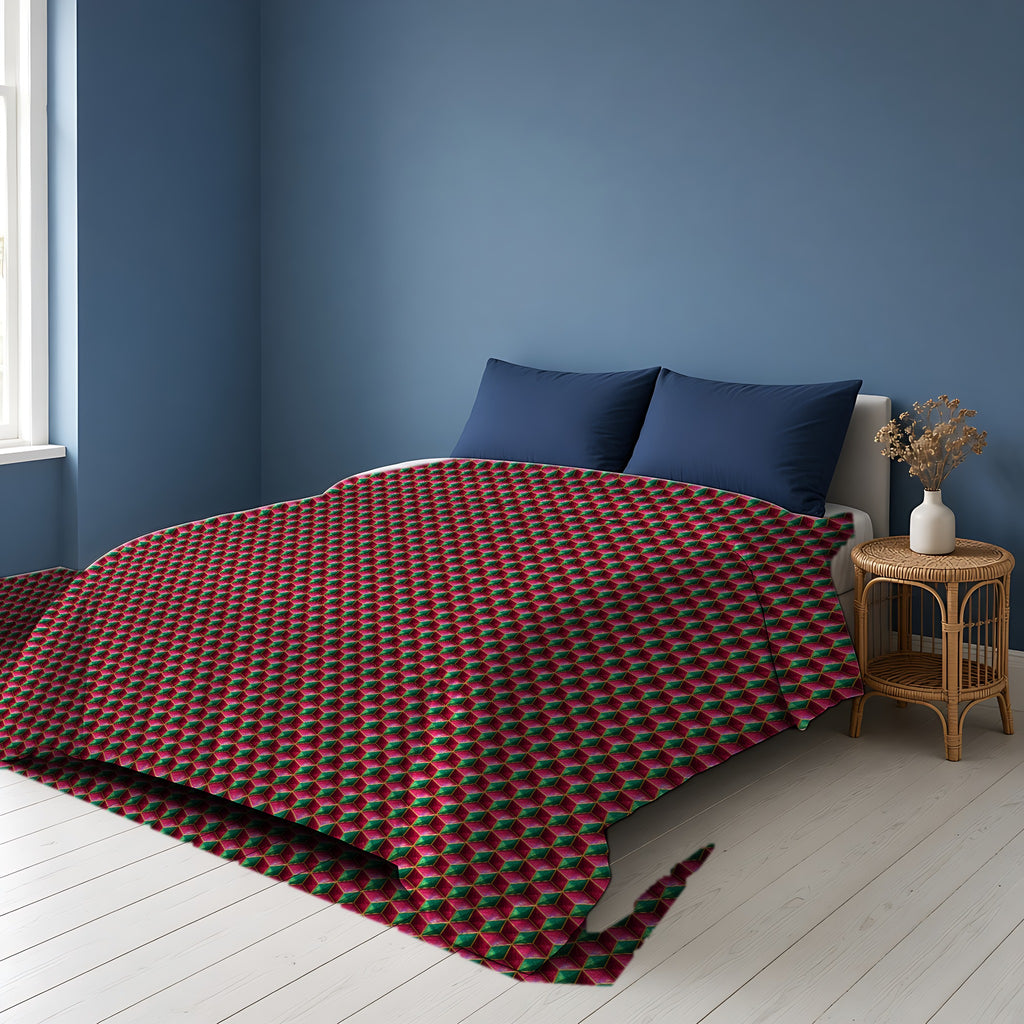 Faceted Cube Illusion Comforter on a bed in a Scandinavian blue bedroom