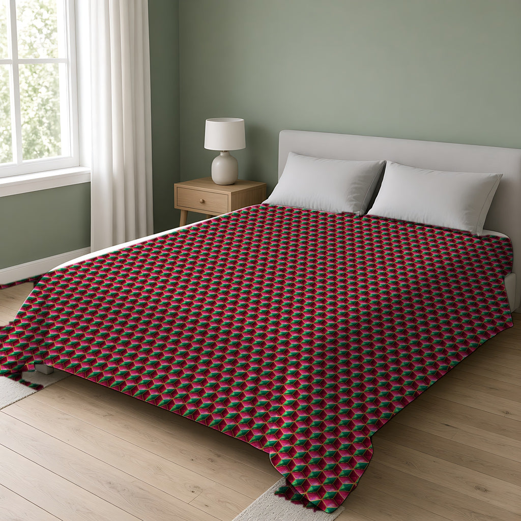 Faceted Cube Illusion Cotton Duvet Cover on a double bed in a bright sage-green bedroom