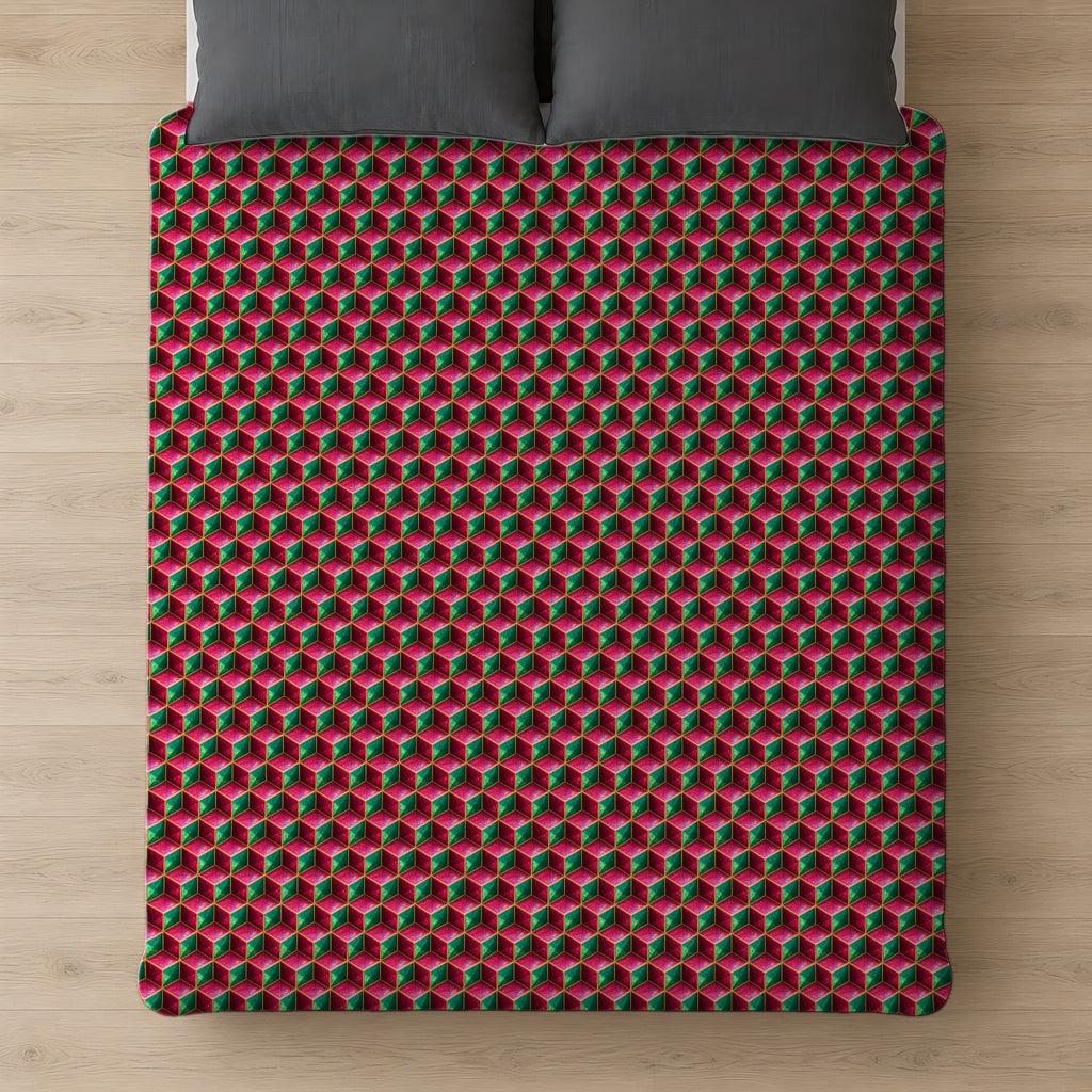 Faceted Cube Illusion Cotton Duvet Cover on a bed, seen from above