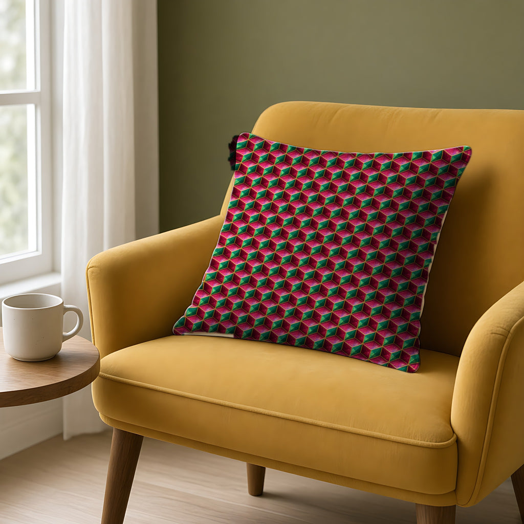 Faceted Cube Illusion Faux Suede Cushion on a mustard armchair by a window